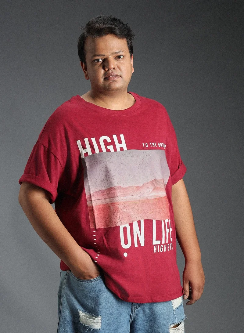 هاي ستار تيشيرت رجالي قطن مريح بقصة عادية أحمر